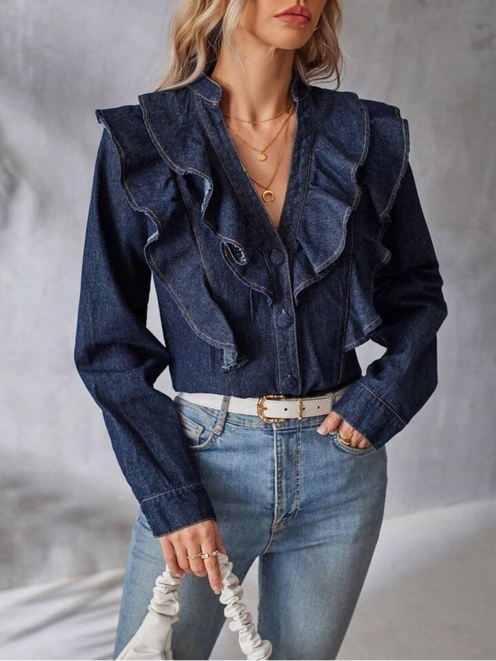 Zara  Denim Long Sleeve Ruffle-Front Shirt